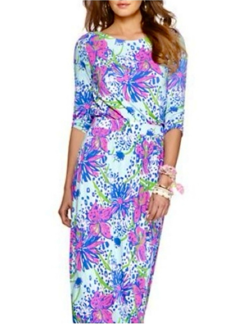 Lilly Pulitzer Light Blue Floral Maxi Dress with Pink & Green